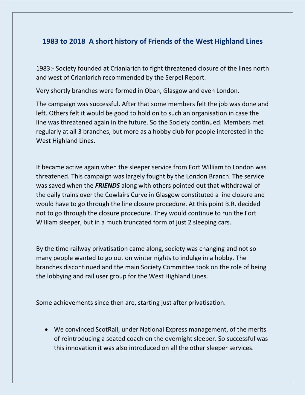 1983 to 2018 a Short History of Friends of the West Highland Lines