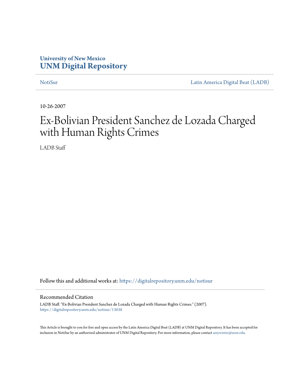 Ex-Bolivian President Sanchez De Lozada Charged with Human Rights Crimes LADB Staff