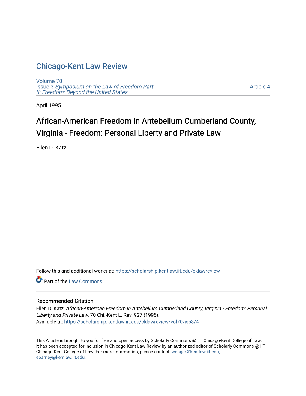 African-American Freedom in Antebellum Cumberland County, Virginia - Freedom: Personal Liberty and Private Law