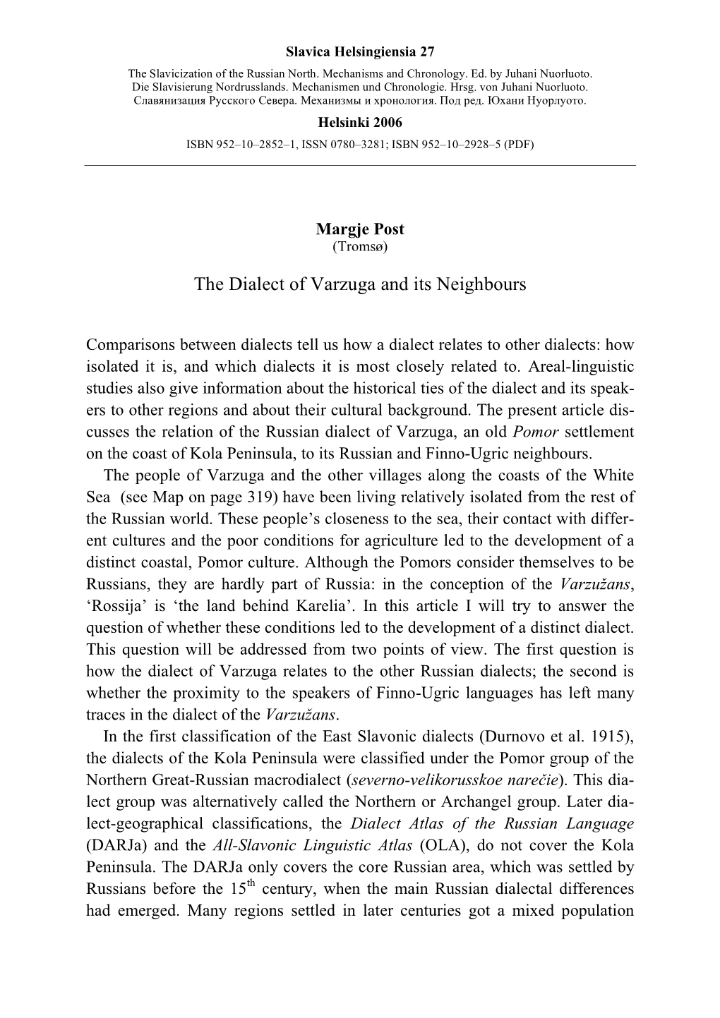 The Dialect of Varzuga and Its Neighbours