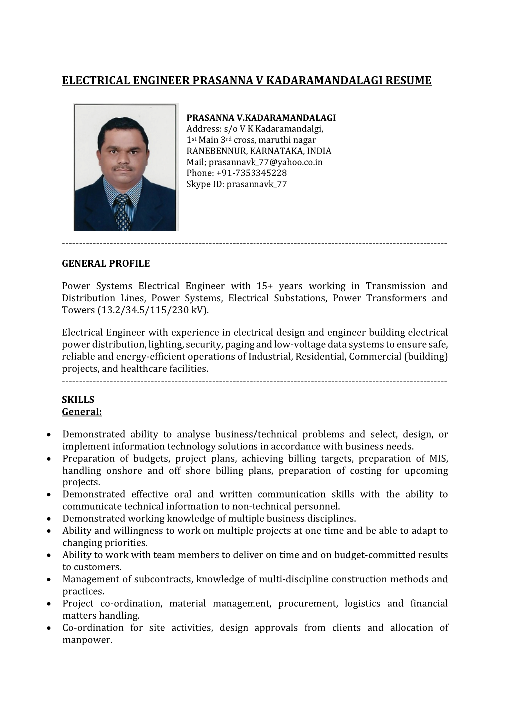 Electrical Engineer Prasanna V Kadaramandalagi Resume