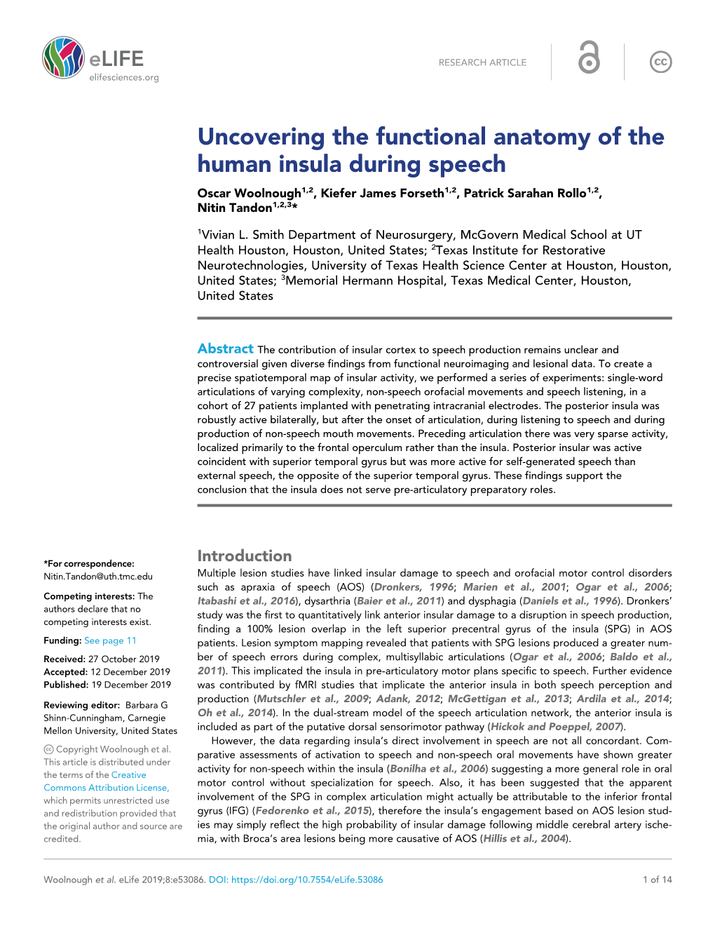 Uncovering the Functional Anatomy of the Human Insula During Speech Oscar Woolnough1,2, Kiefer James Forseth1,2, Patrick Sarahan Rollo1,2, Nitin Tandon1,2,3*