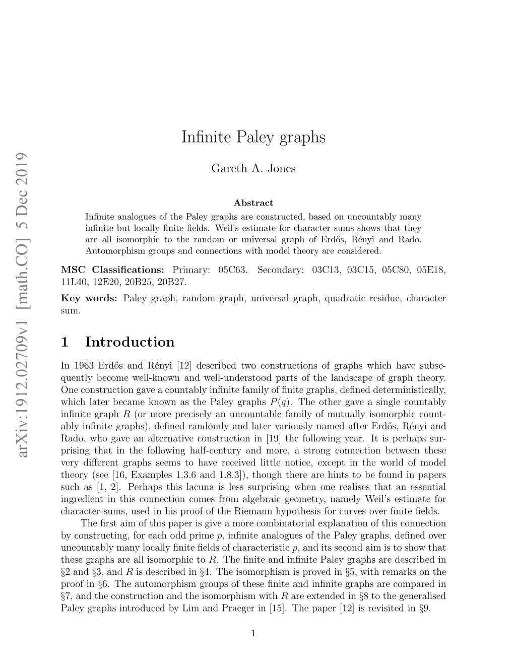 Arxiv:1912.02709V1 [Math.CO] 5 Dec 2019 Infinite Paley Graphs