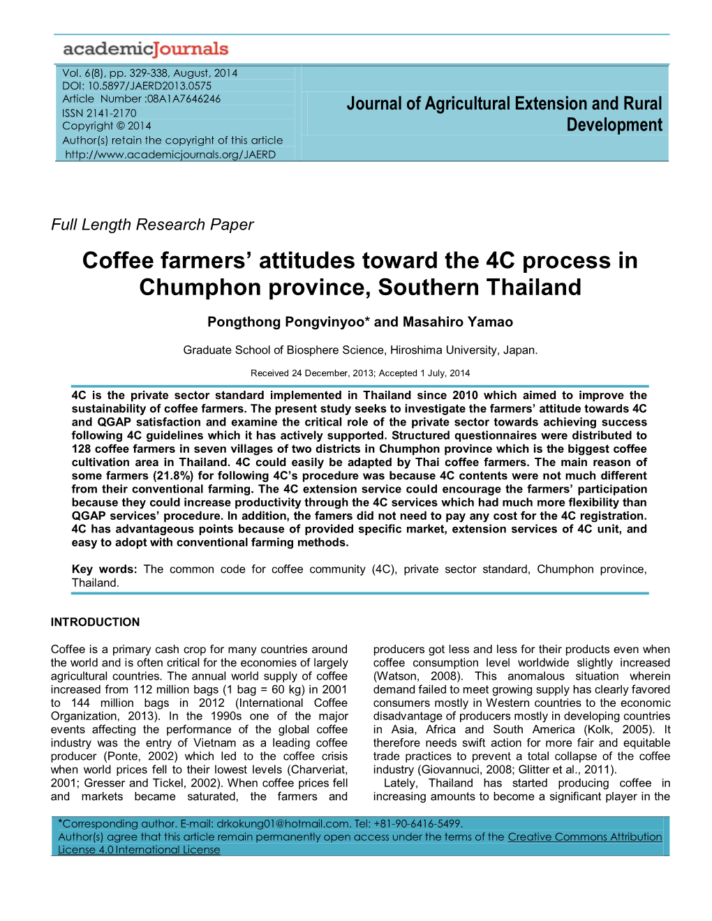 Coffee Farmers' Attitudes Toward the 4C Process in Chumphon Province
