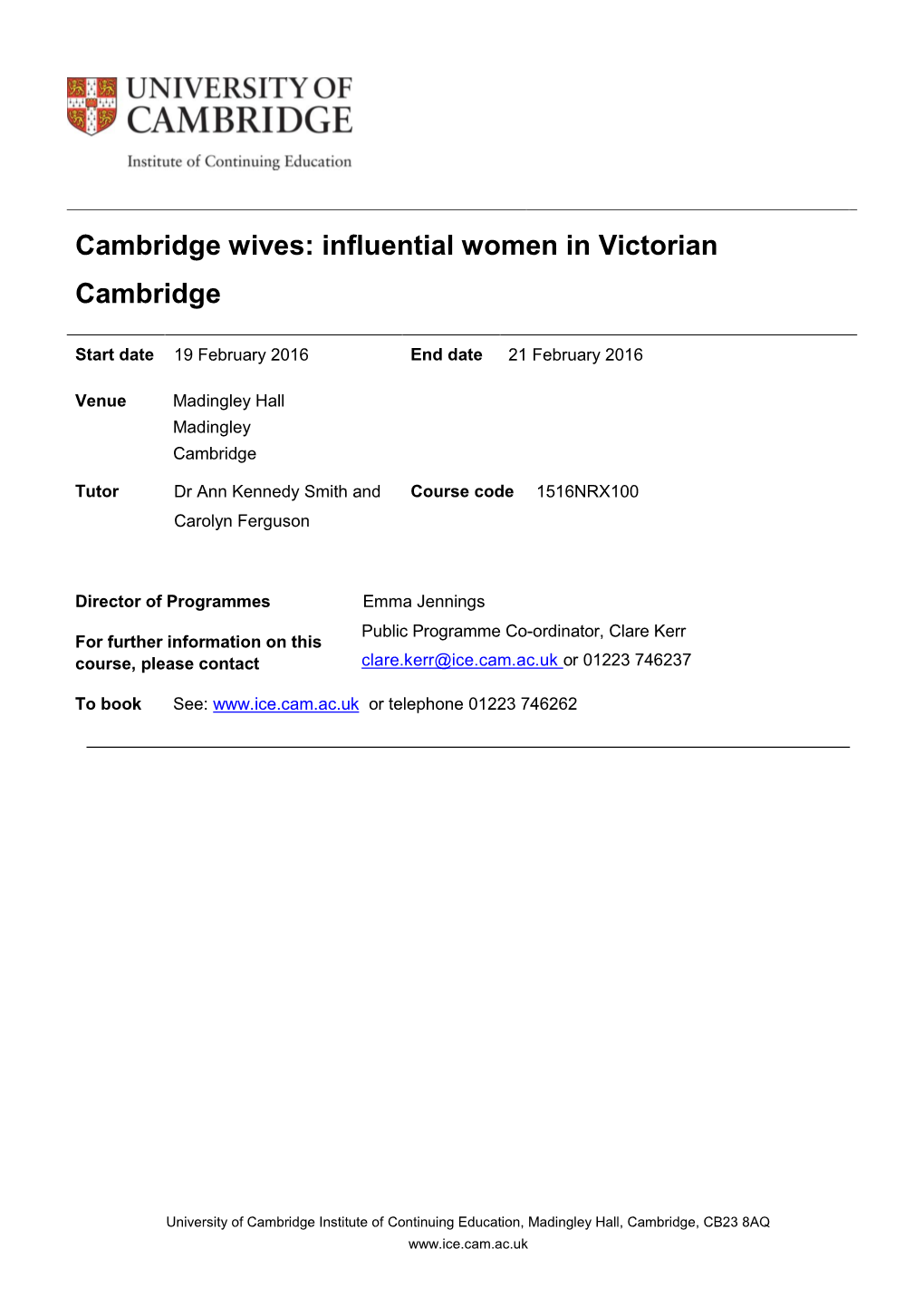 Cambridge Wives: Influential Women in Victorian Cambridge