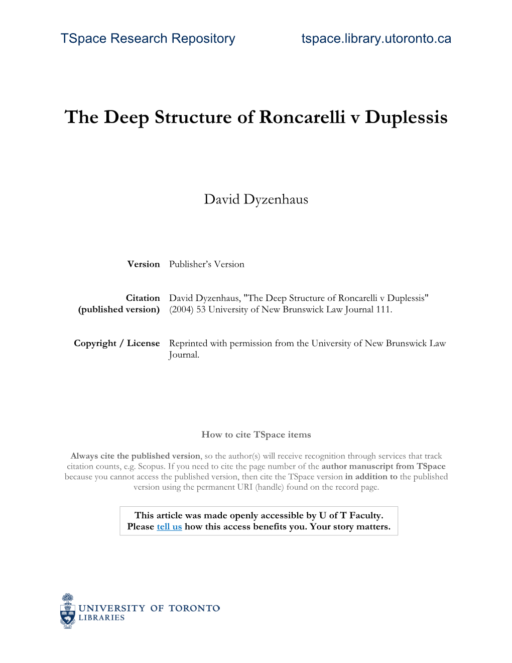 The Deep Structure of Roncarelli V Duplessis