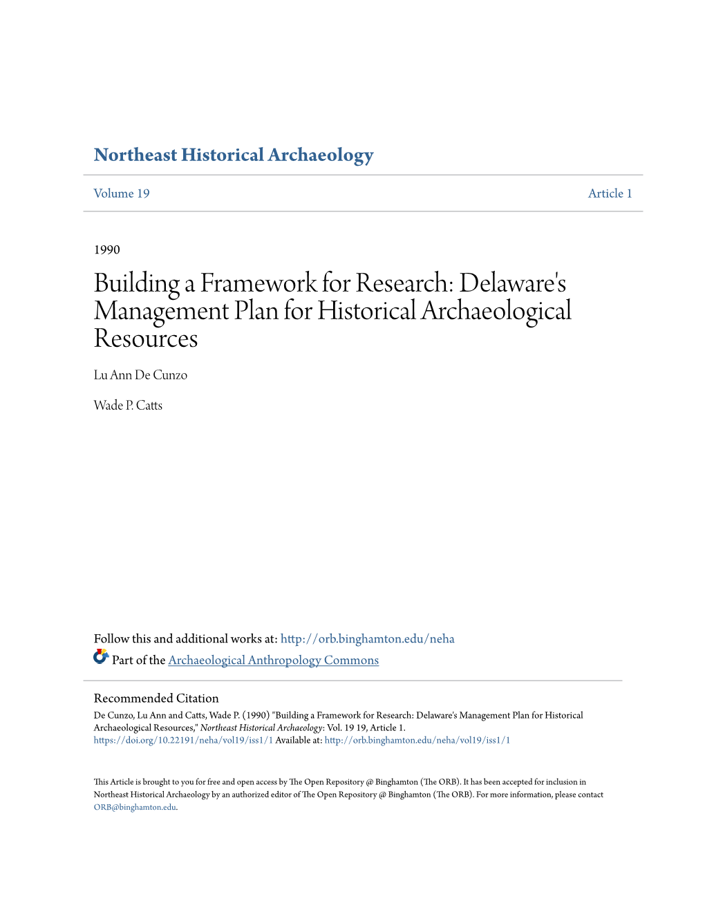 Delaware's Management Plan for Historical Archaeological Resources Lu Ann De Cunzo