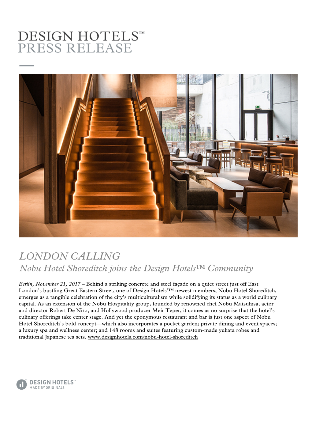 LONDON CALLING Nobu Hotel Shoreditch Joins the Design Hotels™ Community