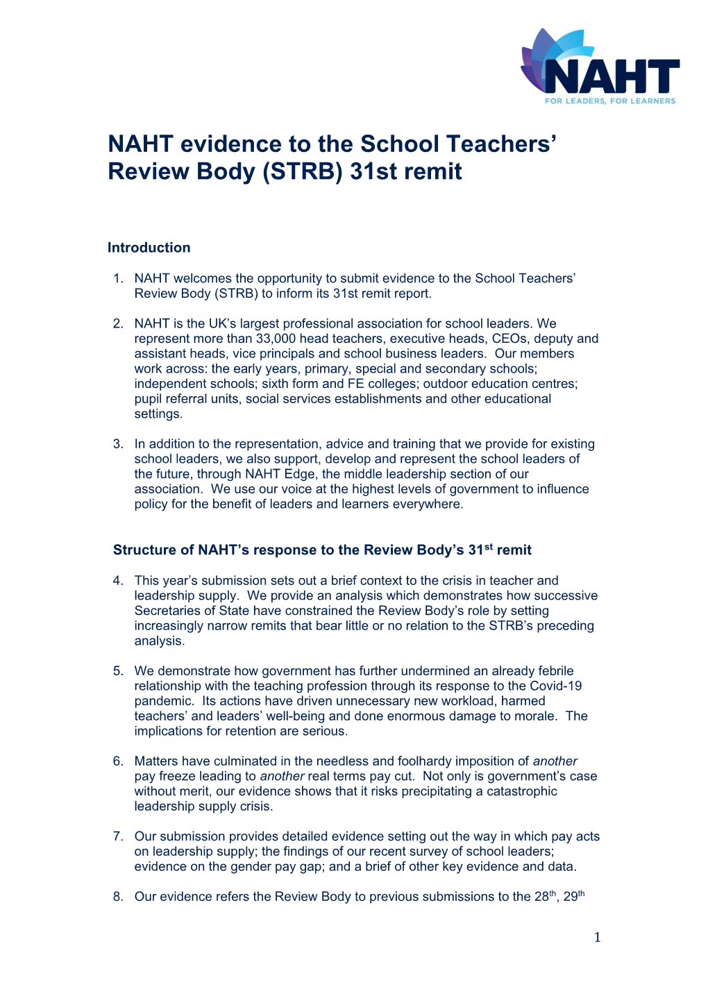 NAHT Evidence to the School Teachers' Review Body (STRB)
