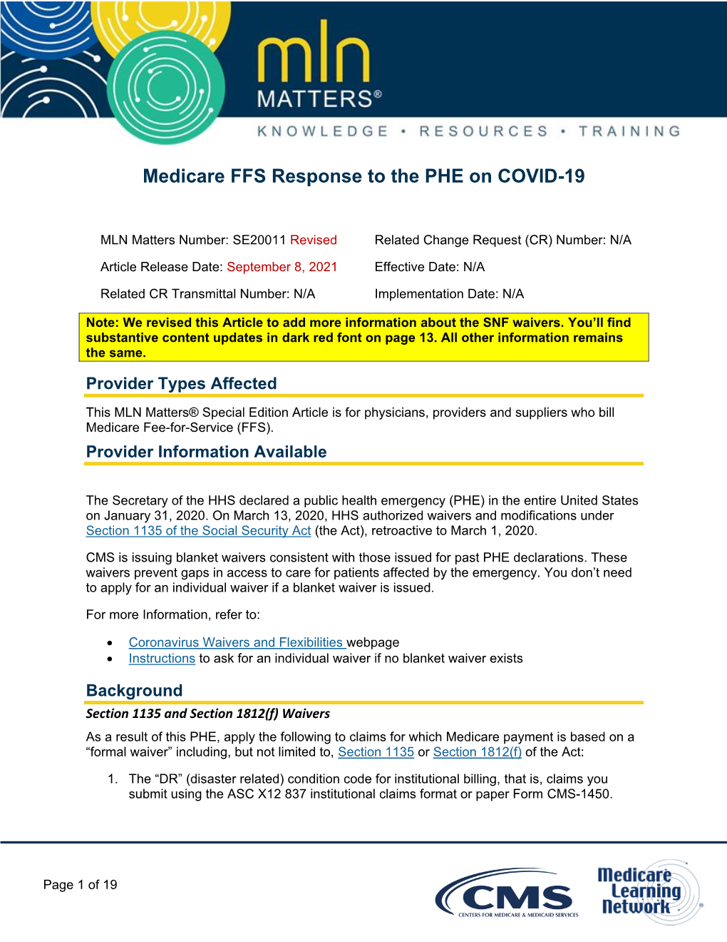 Medicare FFS Response to the PHE on the COVID-19