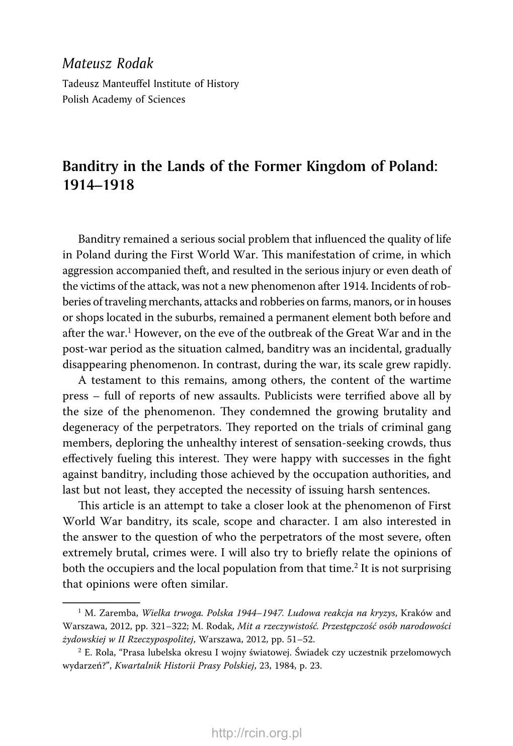 Mateusz Rodak Banditry in the Lands of the Former Kingdom of Poland