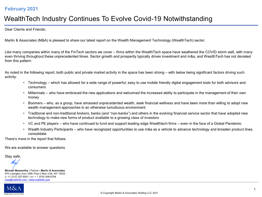 Wealthtech Industry Continues to Evolve Covid-19 Notwithstanding