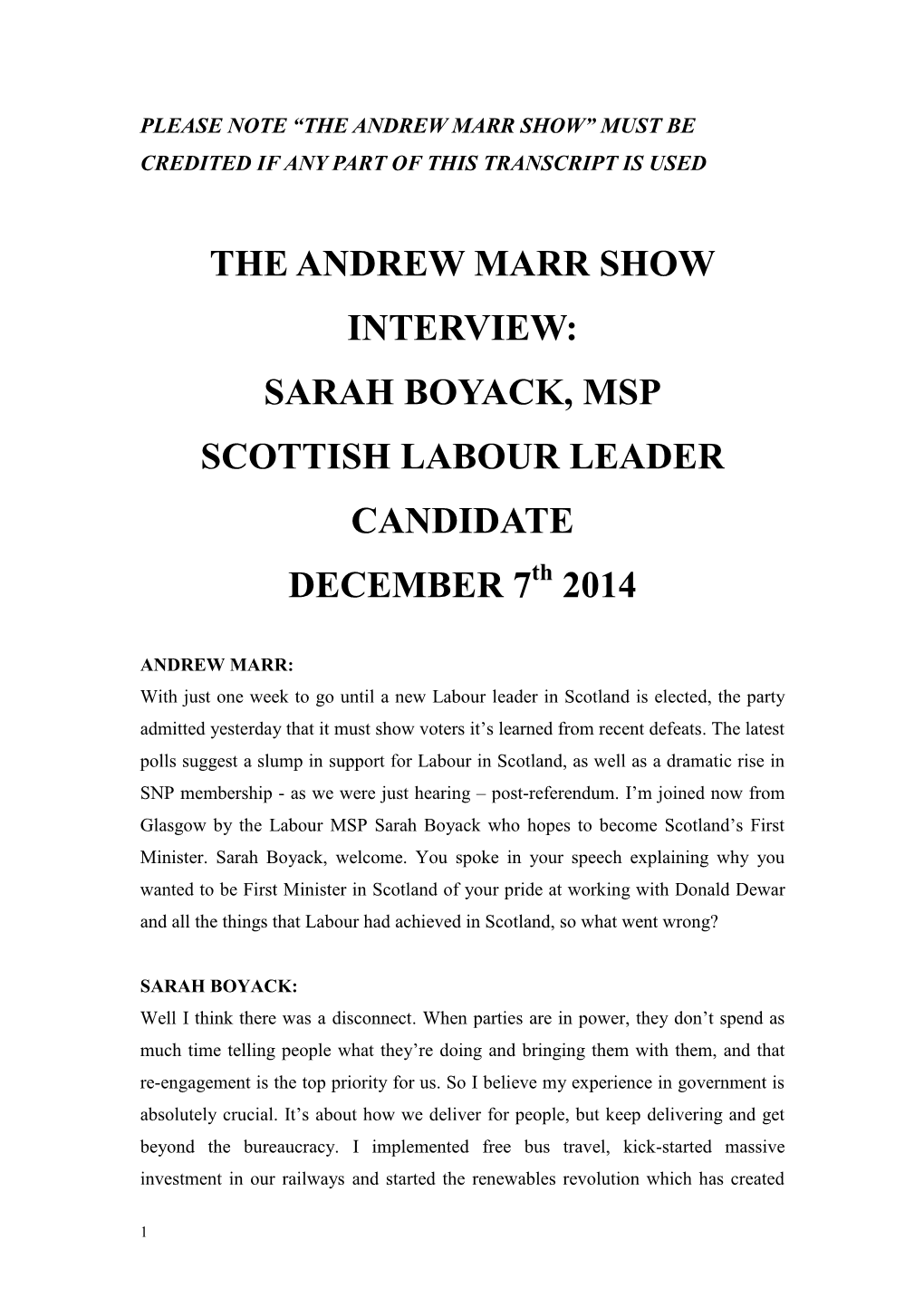 SARAH BOYACK, MSP SCOTTISH LABOUR LEADER CANDIDATE DECEMBER 7Th 2014