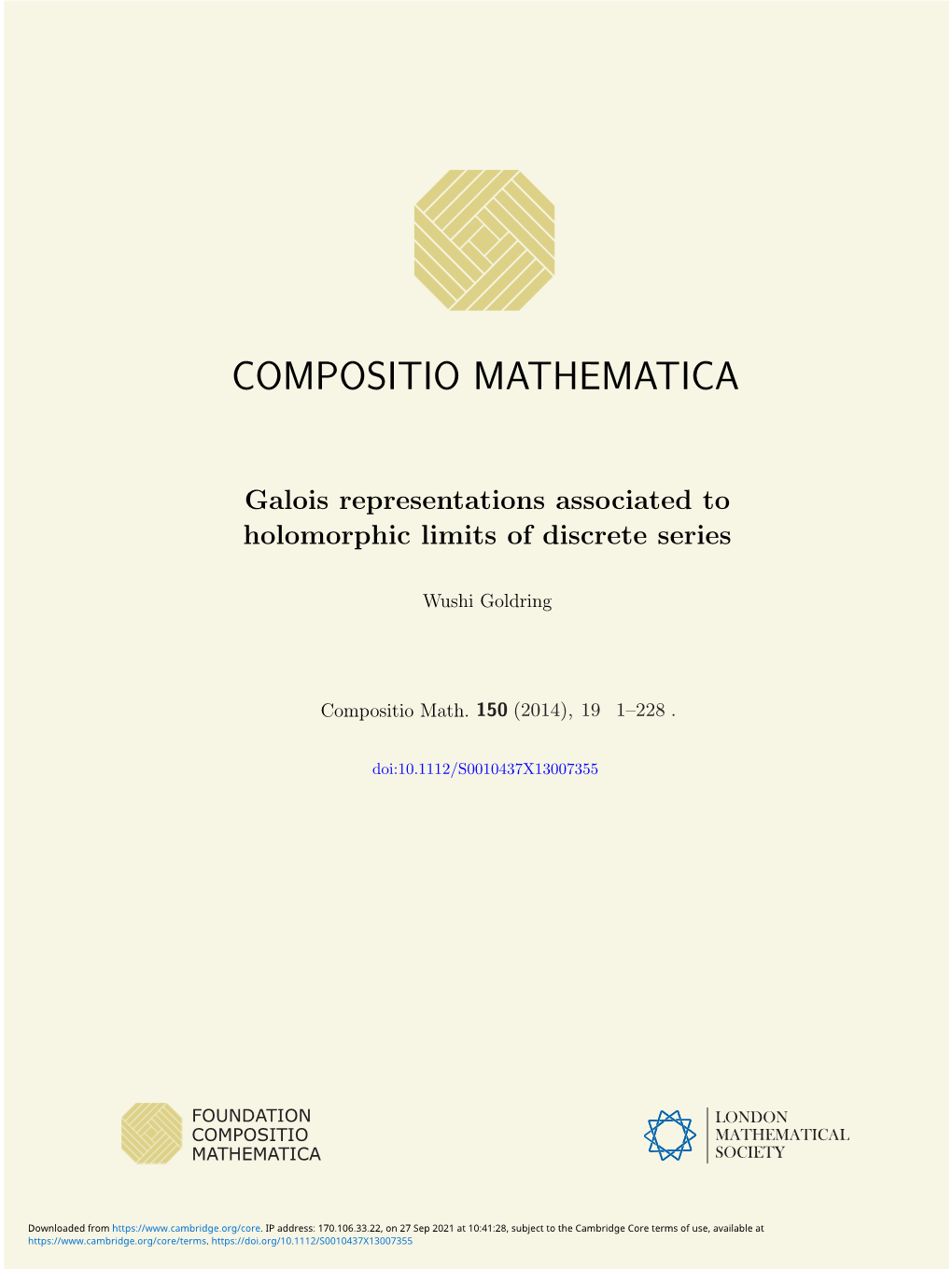 Galois Representations Associated to Holomorphic Limits of Discrete Series