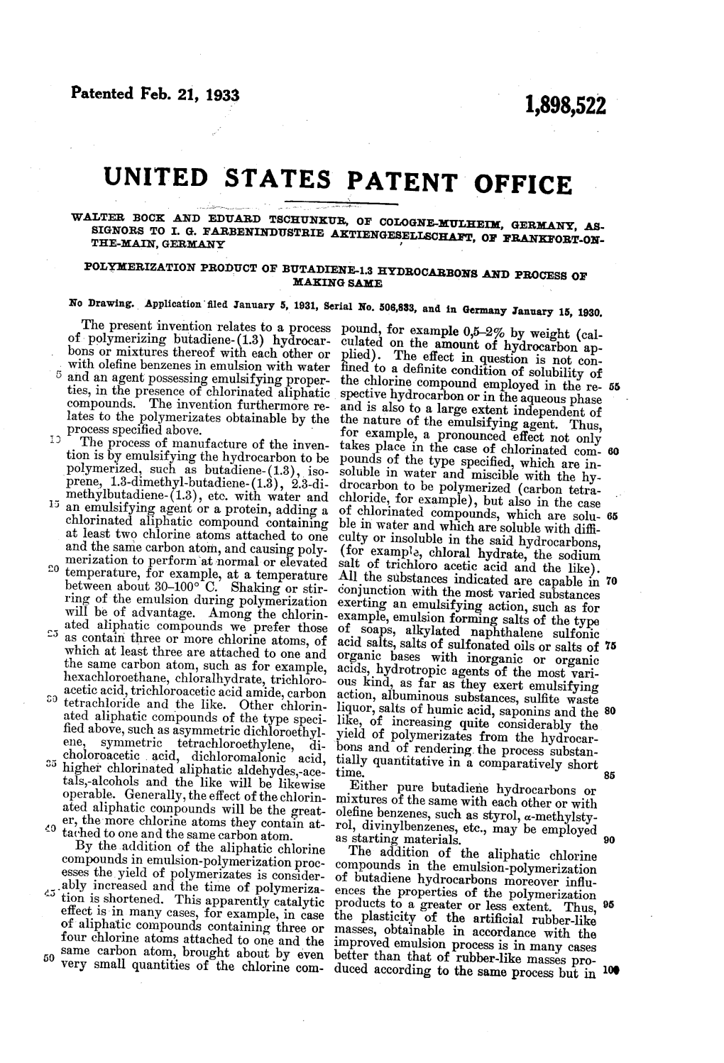 PATENT OFFICE WALTER, BOCK and EDUARD TSCHUNKUR, of COLOGENE-MULHELM, GERMANY, As THE-MAIN,Signors to GERMANY I