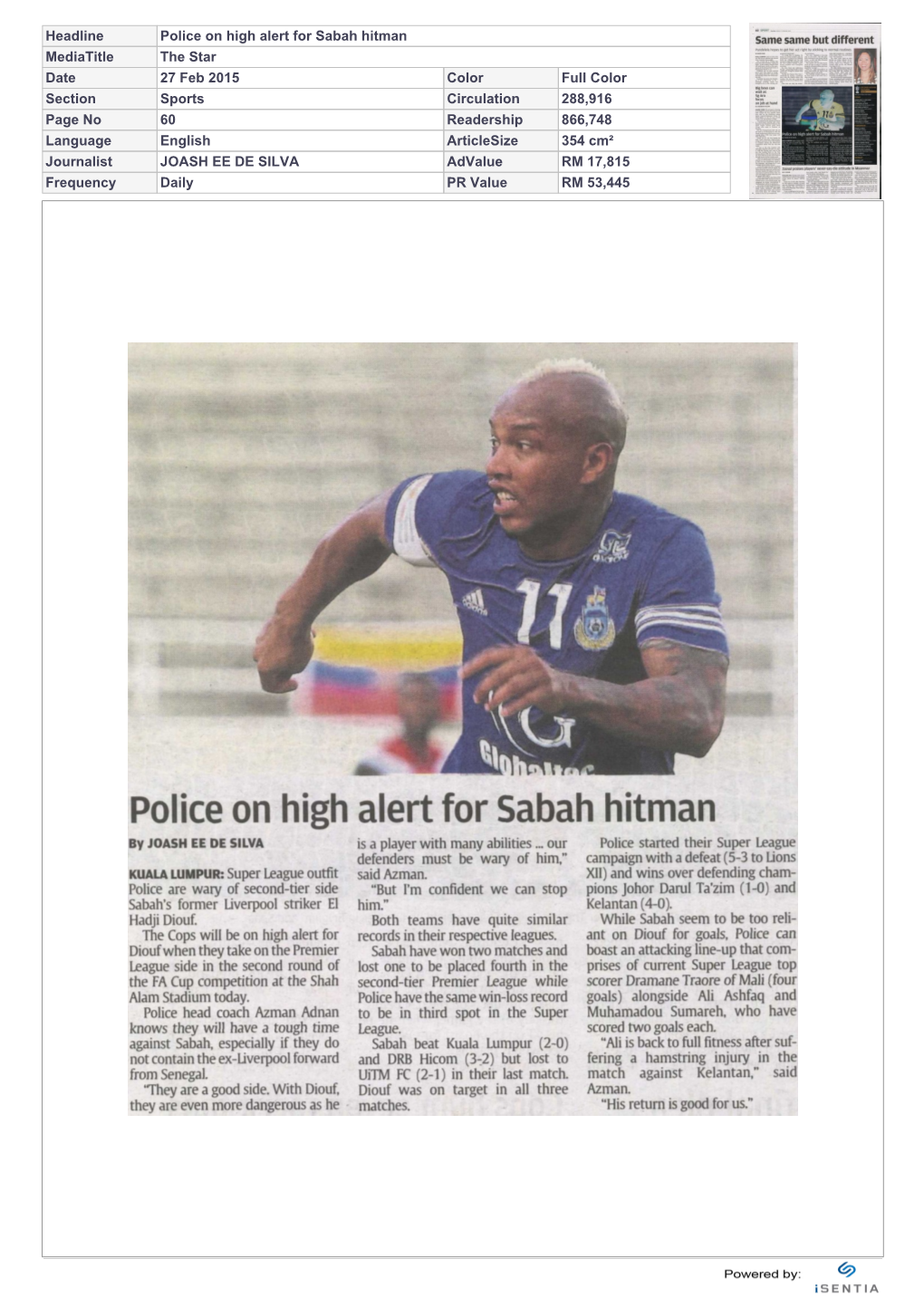 Police on High Alert for Sabah Hitman