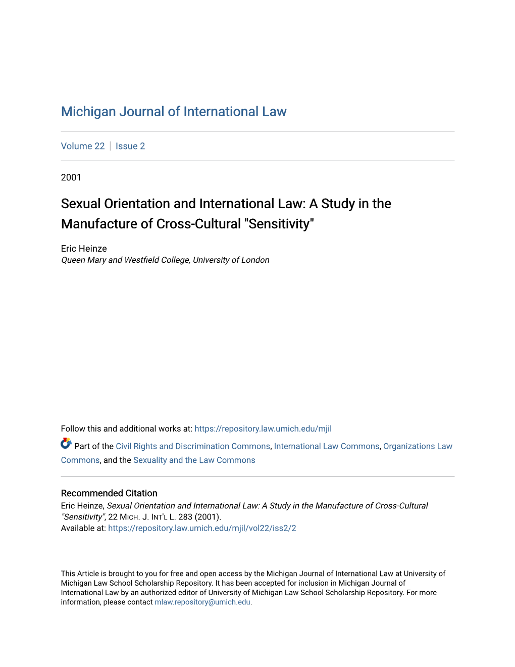 Sexual Orientation and International Law: a Study in the Manufacture of Cross-Cultural 