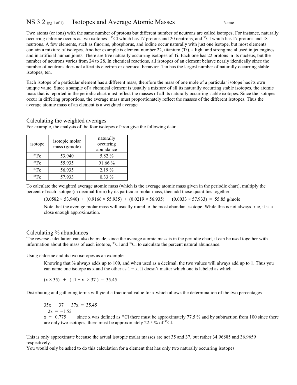 NS 3.2 (Pg 1 of 1) Isotopes and Average Atomic Masses Name______