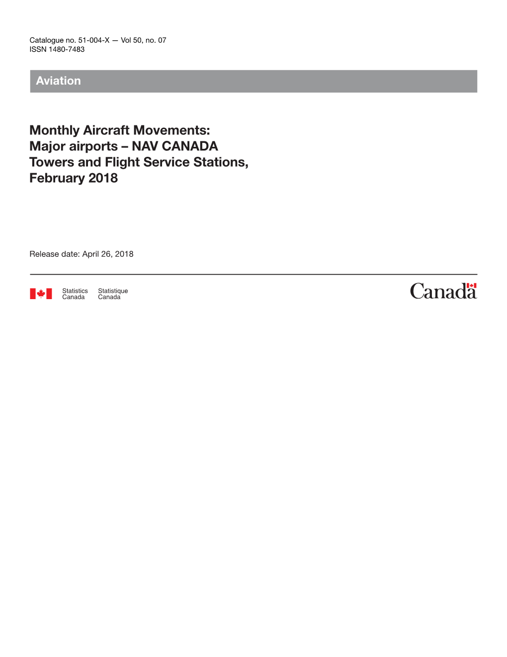 Monthly Aircraft Movements: Major Airports – NAV CANADA Towers and Flight Service Stations, February 2018