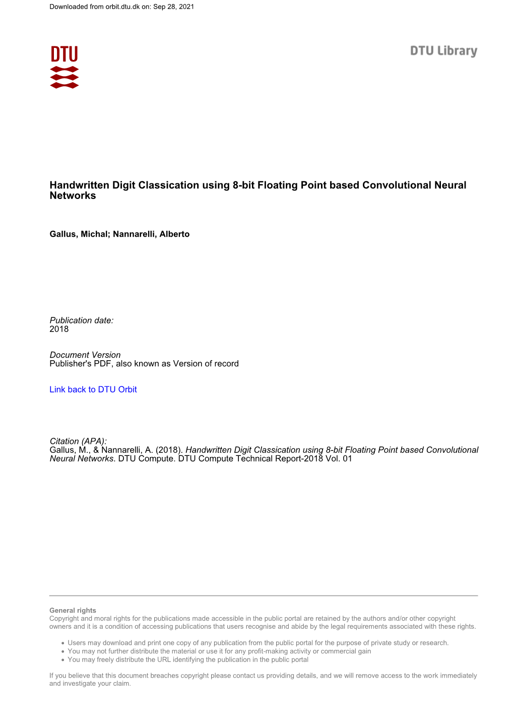 Handwritten Digit Classication Using 8-Bit Floating Point Based Convolutional Neural Networks