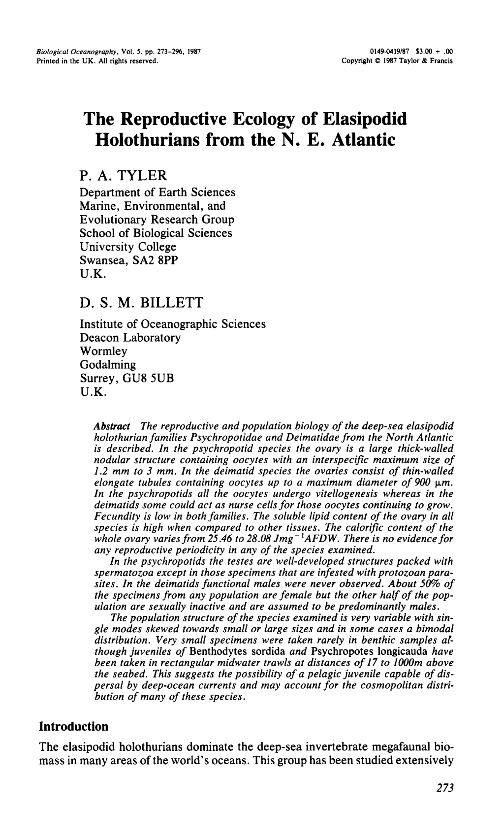 The Reproductive Ecology of Elasipodid Holothurians from the N. E. Atlantic