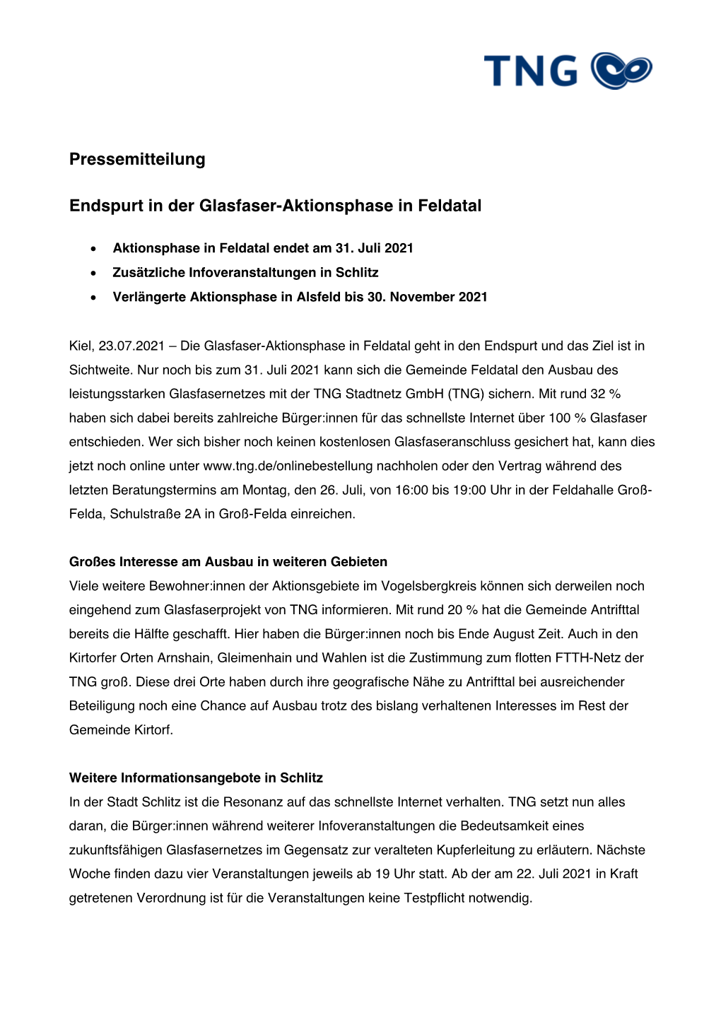 Pressemitteilung Endspurt in Der Glasfaser-Aktionsphase in Feldatal