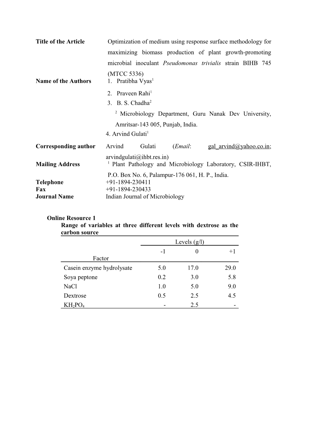 Table 1 Range of Variables at Three Different Levels with Dextrose As the Carbon Source