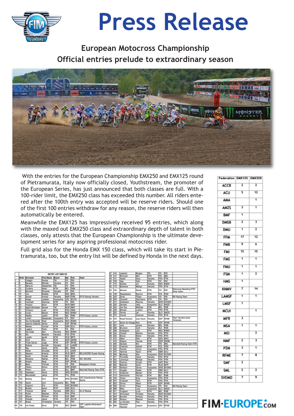 Press Release European Motocross Championship Official Entries Prelude to Extraordinary Season