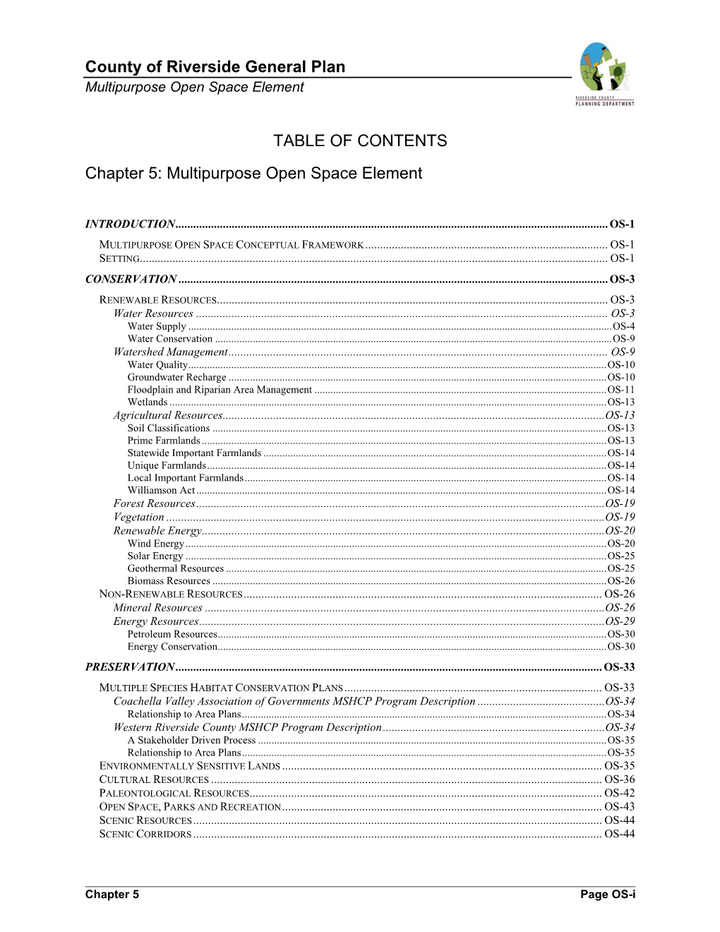 County of Riverside General Plan TABLE of CONTENTS Chapter 5: Multipurpose Open Space Element