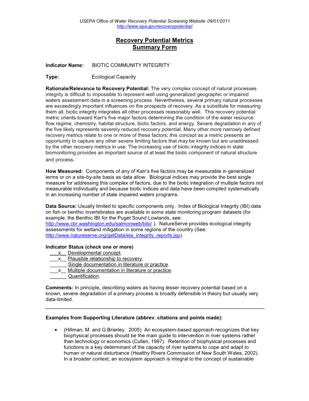 Watershed Recovery Potential Indicator Reference Sheet for Biotic Community Integrity
