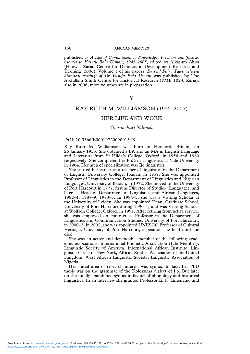 V KAY RUTH M. WILLIAMSON (1935–2005) HER LIFE and WORK Ozo-Mekuri Ndimele