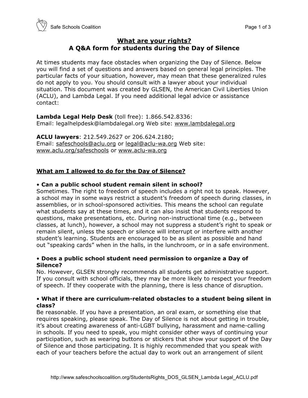 What Are Your Rights? a Q&A Form for Students During the Day of Silence