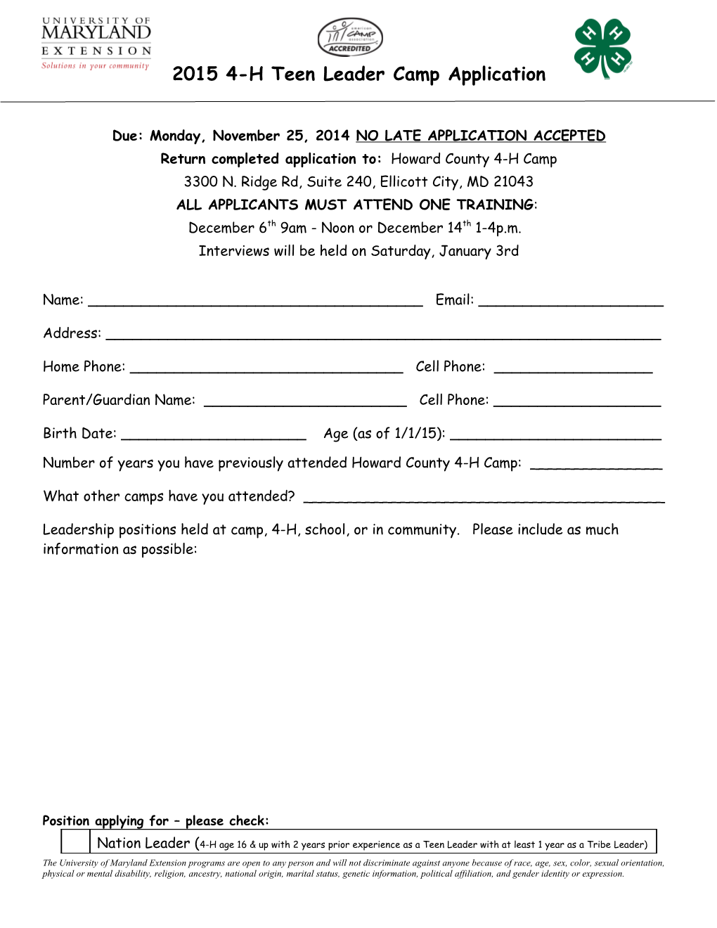 2015 4-H Teen Leader Camp Application