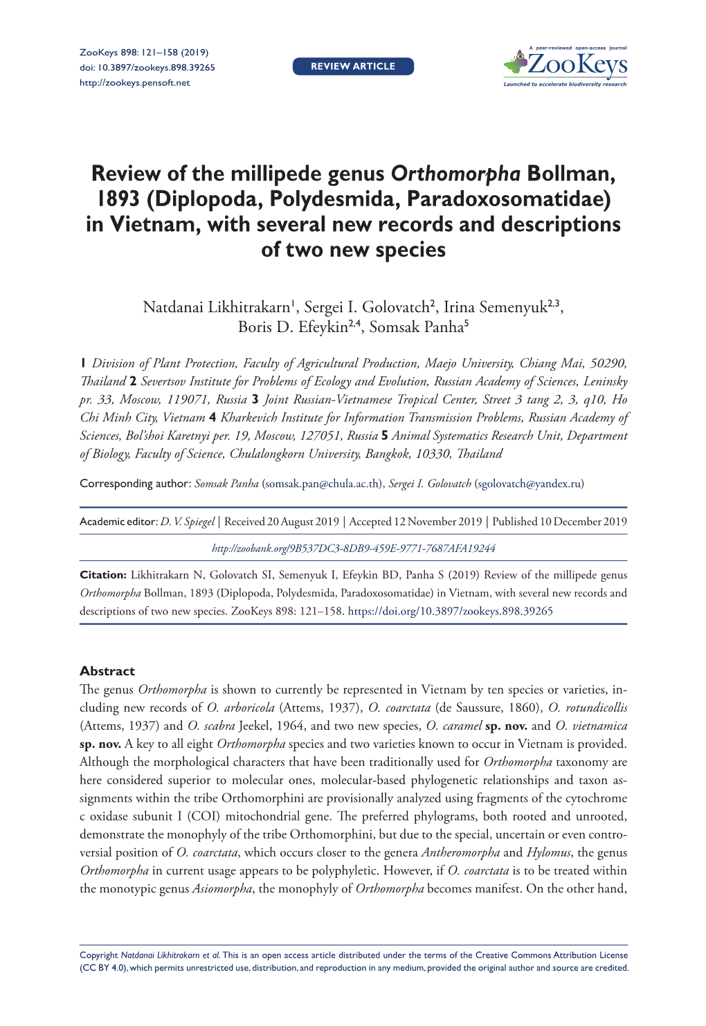 Diplopoda, Polydesmida, Paradoxosomatidae) in Vietnam, with Several New Records and Descriptions of Two New Species