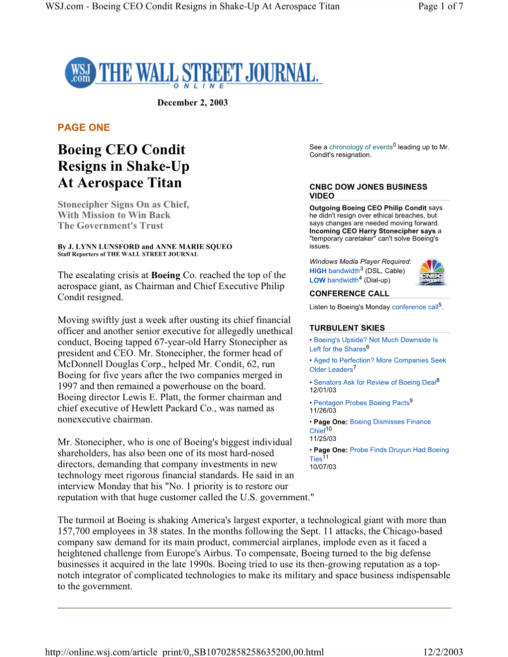 Boeing CEO Condit Resigns in Shake-Up at Aerospace Titan Page 1 of 7