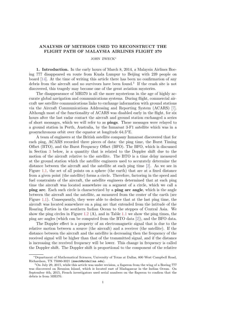 Analysis of Methods Used to Reconstruct the Flight Path of Malaysia Airlines Flight 370