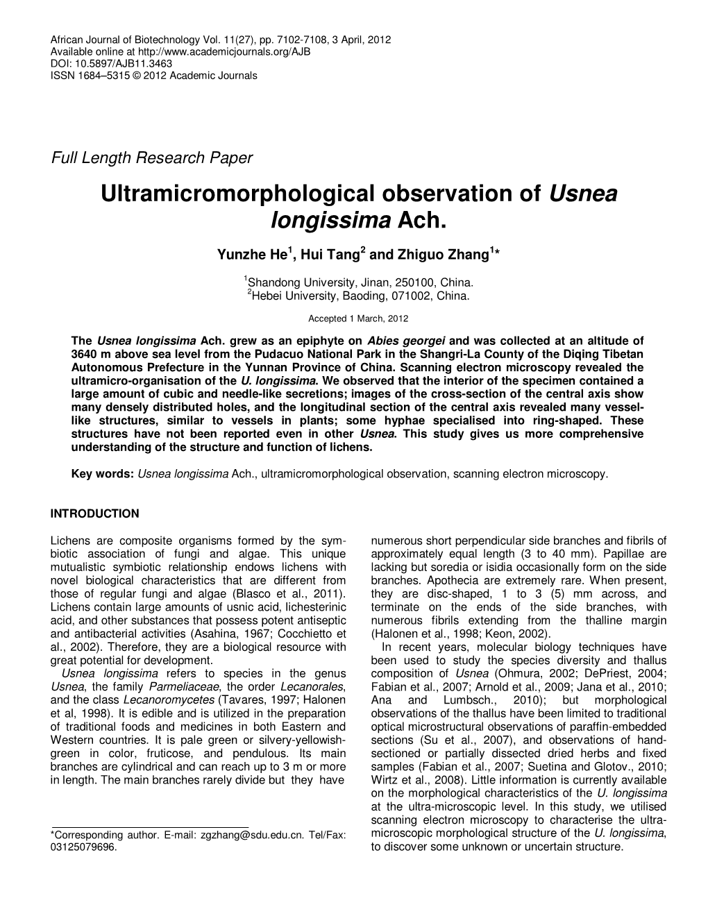 Ultramicromorphological Observation of Usnea Longissima Ach