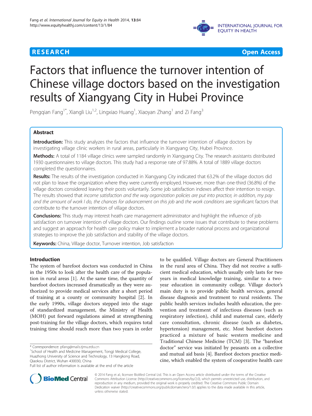 Factors That Influence the Turnover Intention of Chinese Village Doctors