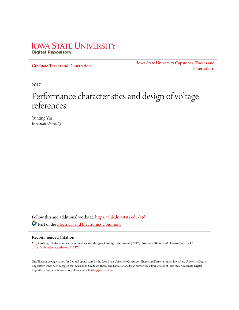 Performance Characteristics and Design of Voltage References Yunting Yin Iowa State University