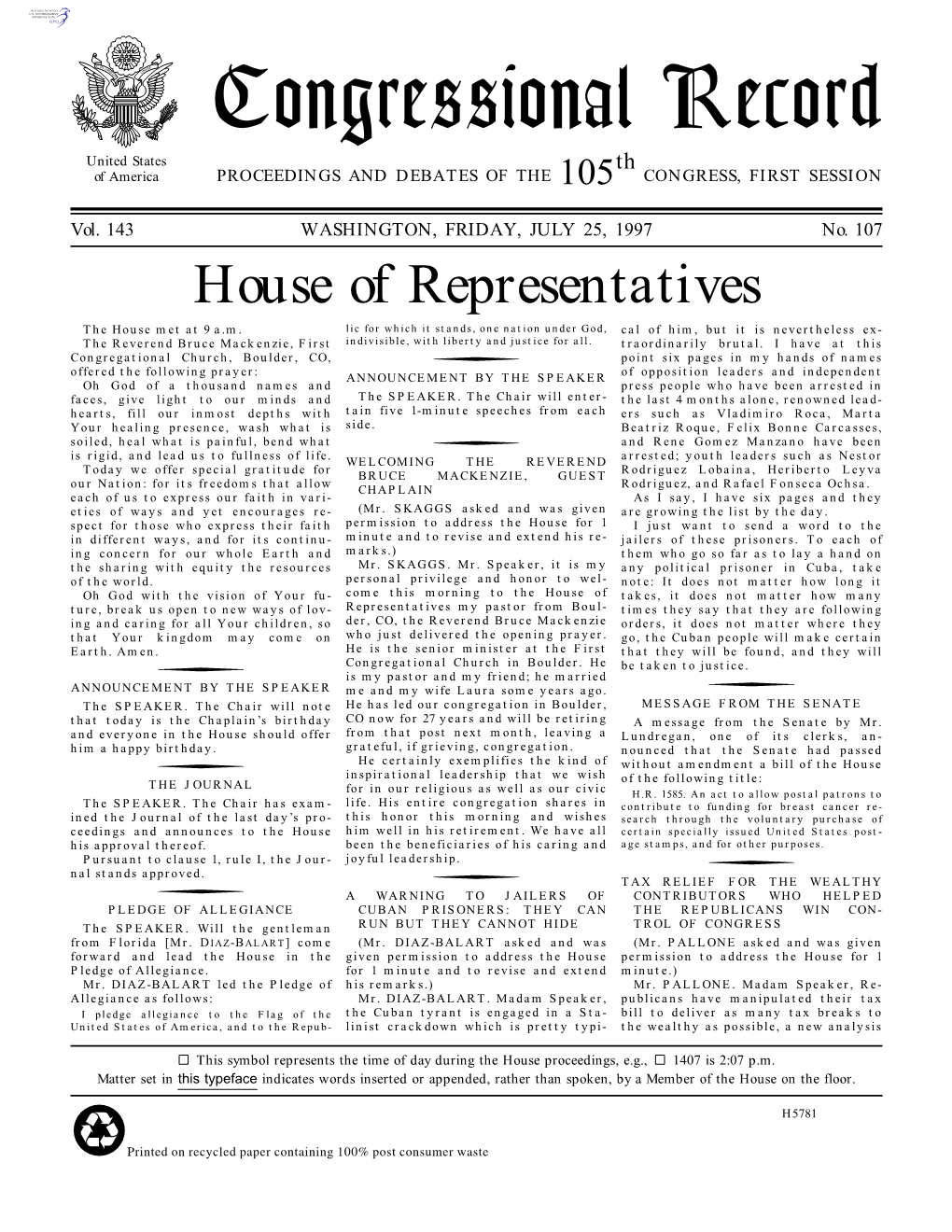 Congressional Record United States Th of America PROCEEDINGS and DEBATES of the 105 CONGRESS, FIRST SESSION