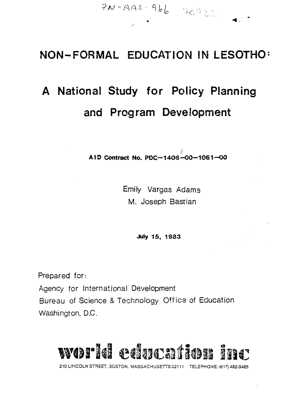 NON-FORMAL EDUCATION in LESOTHO: a National Study For