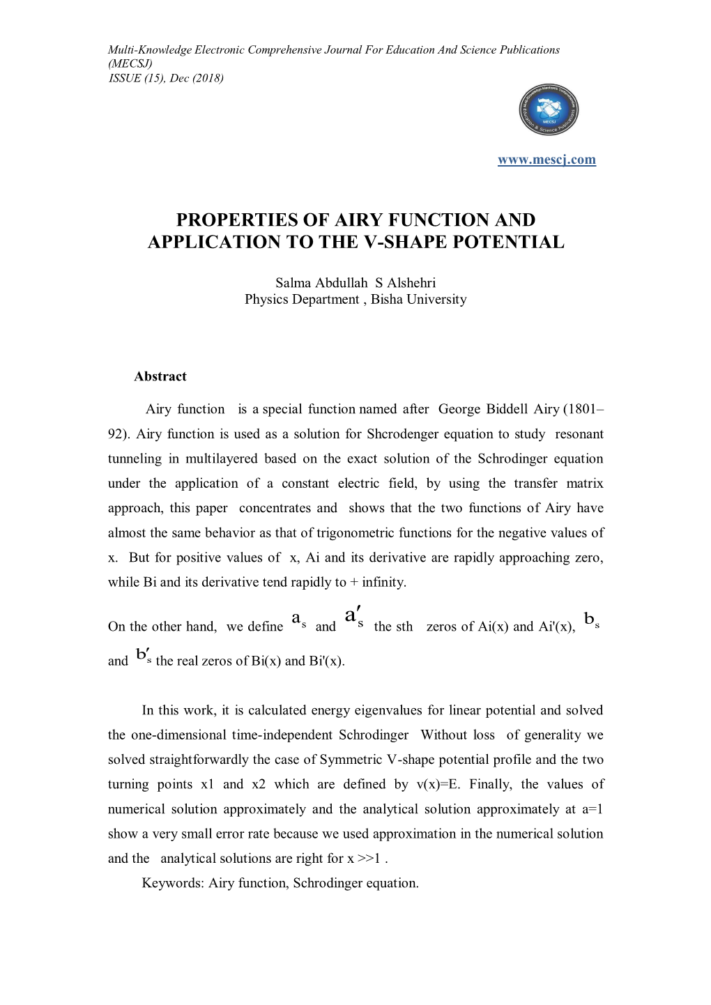 Properties of Airy Function and Application to the V-Shape Potential