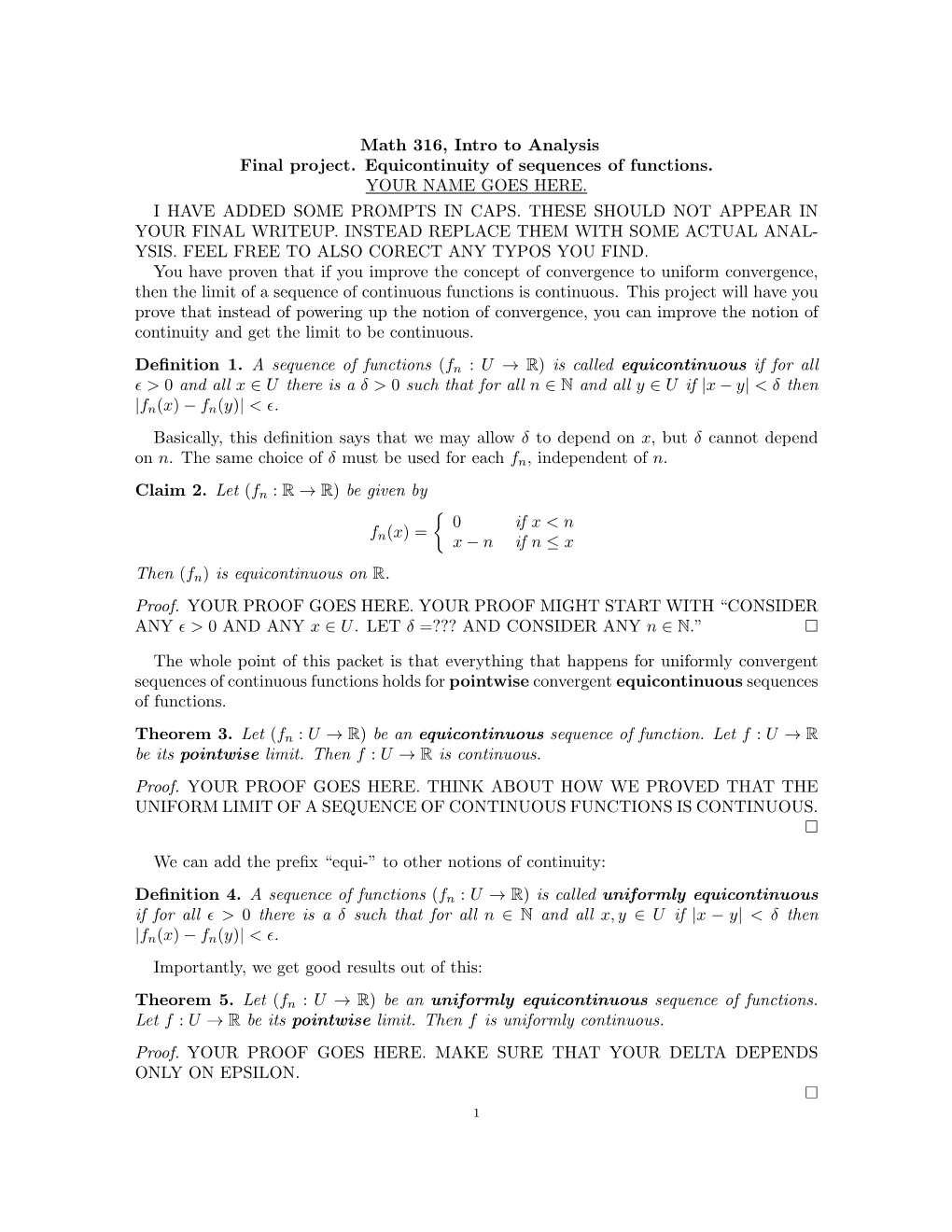 Math 316, Intro to Analysis Final Project. Equicontinuity of Sequences of Functions