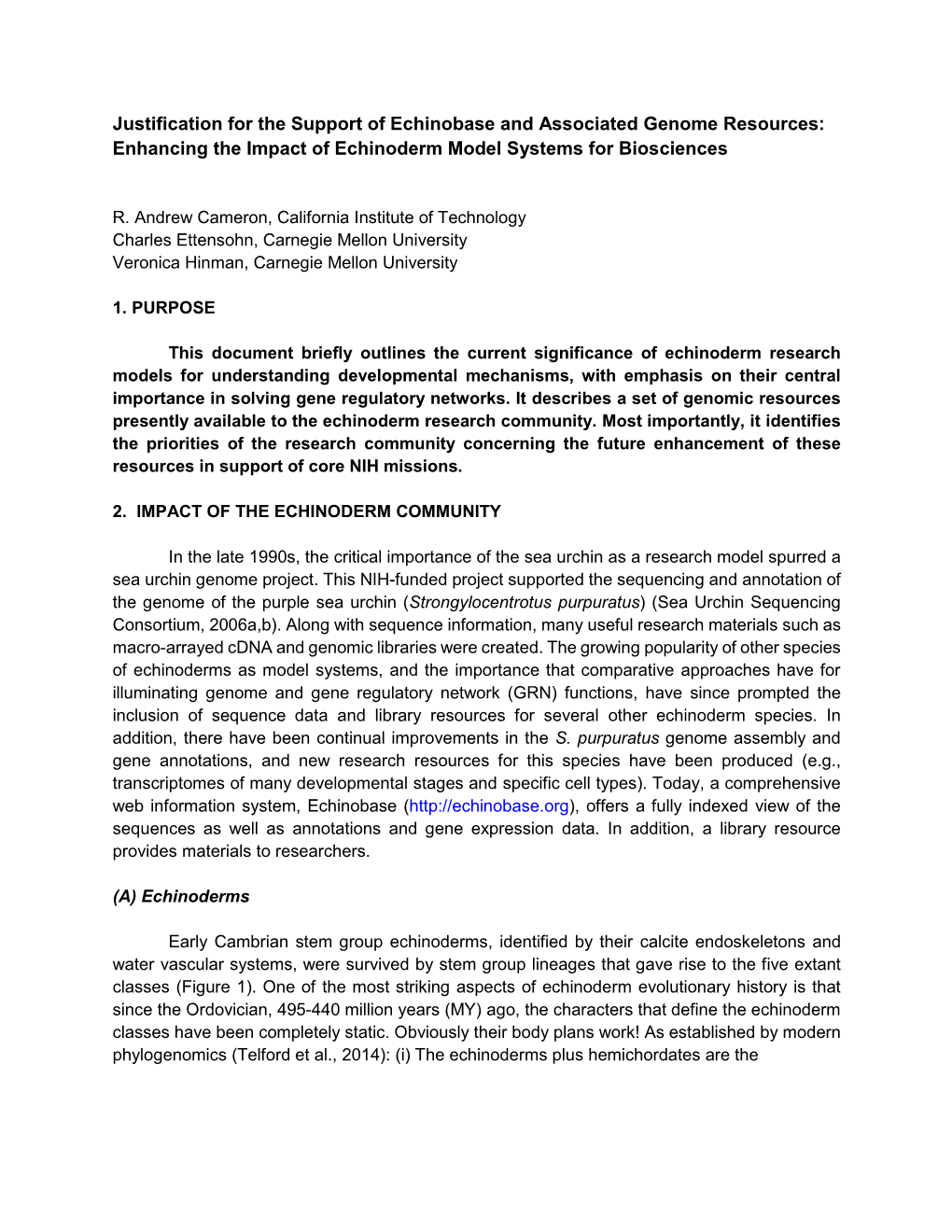 Sea Urchin Genome Resource White Paper Posted