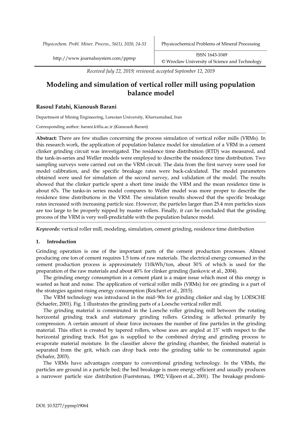 Modeling and Simulation of Vertical Roller Mill Using Population Balance Model