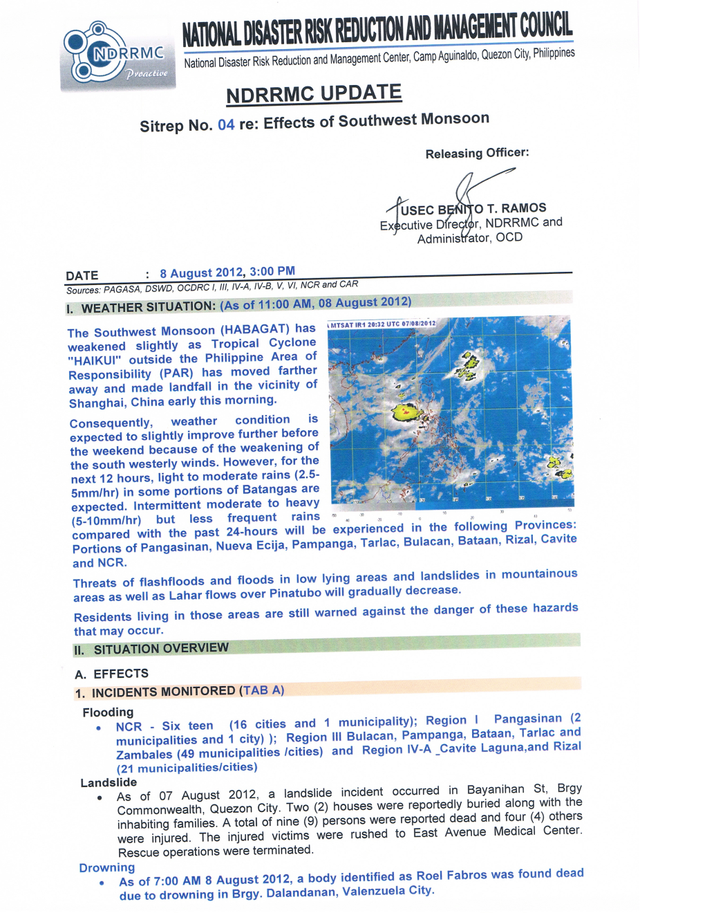 NDRRMC Update Sit Rep 04 Effects of Southwest Monsoon, 8 AUGUST