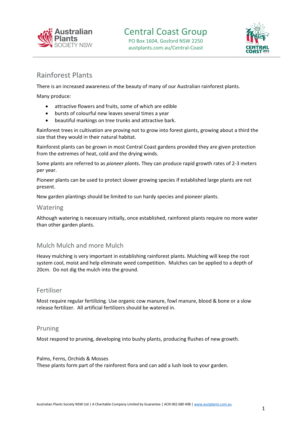 Central Coast Group PO Box 1604, Gosford NSW 2250 Austplants.Com.Au/Central-Coast
