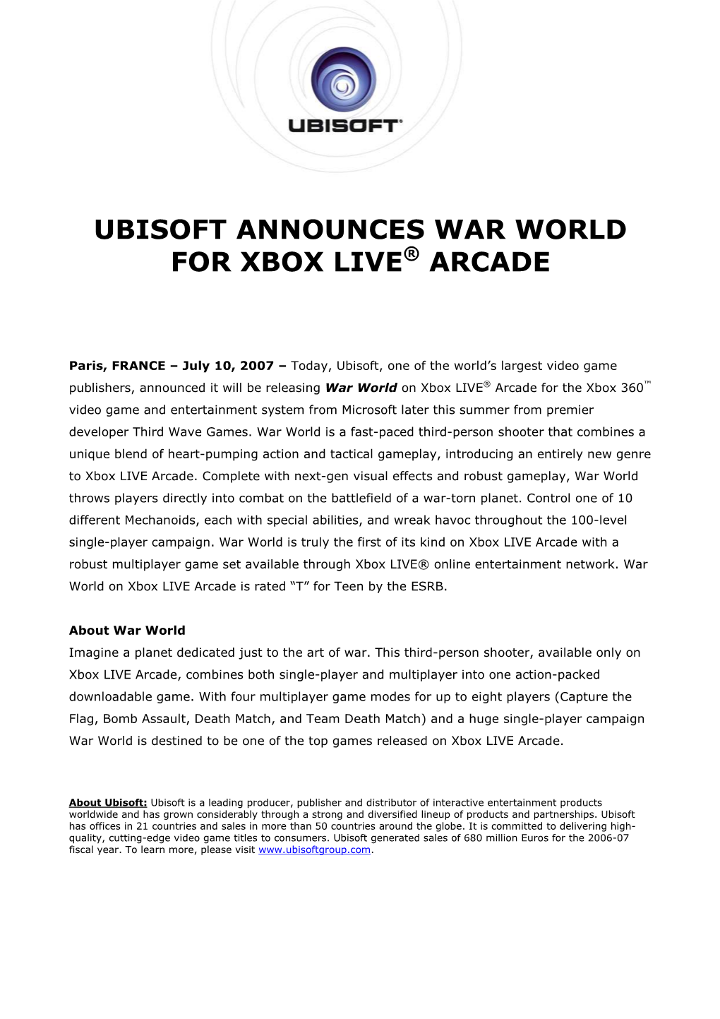 Ubisoft Announces War World for Xbox Live Arcade