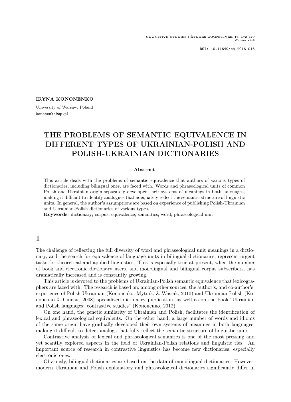 The Problems of Semantic Equivalence in Different Types of Ukrainian-Polish and Polish-Ukrainian Dictionaries