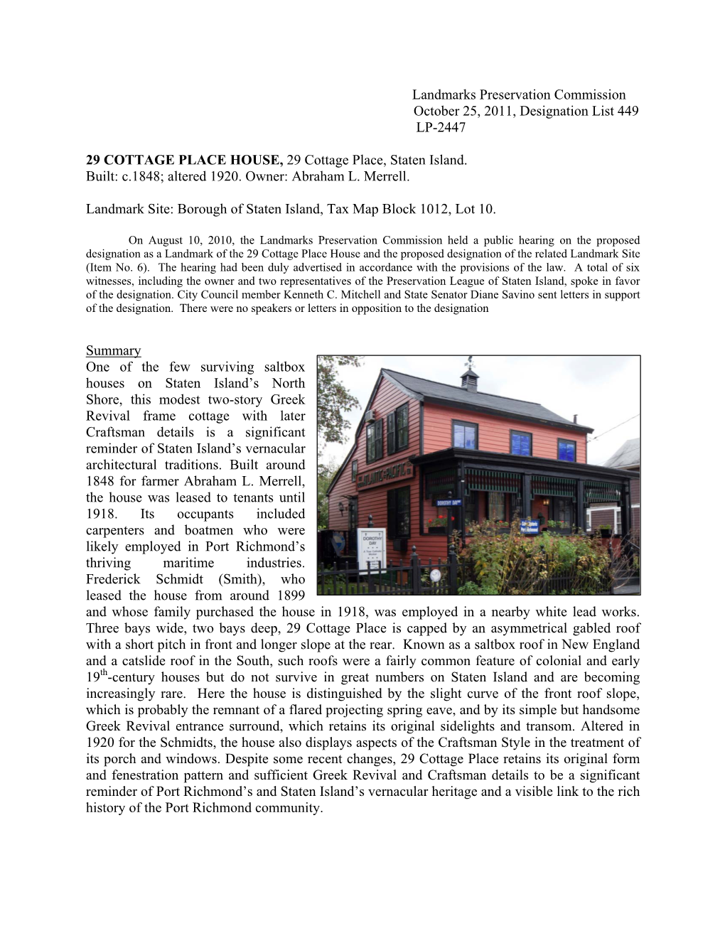 Landmarks Preservation Commission October 25, 2011, Designation List 449 LP-2447